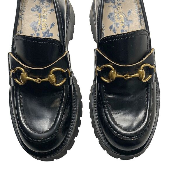 Gucci Black Leather Lug Sole Horsebit Loafers EU 36 Gold Horsebit Bee Embroidery - Picture 4 of 13